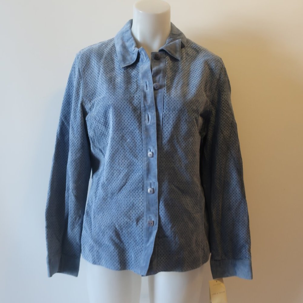 NWT Womens Lord & Taylor Blue Perforated  Die Cut Button-Up Suede Jacket L *